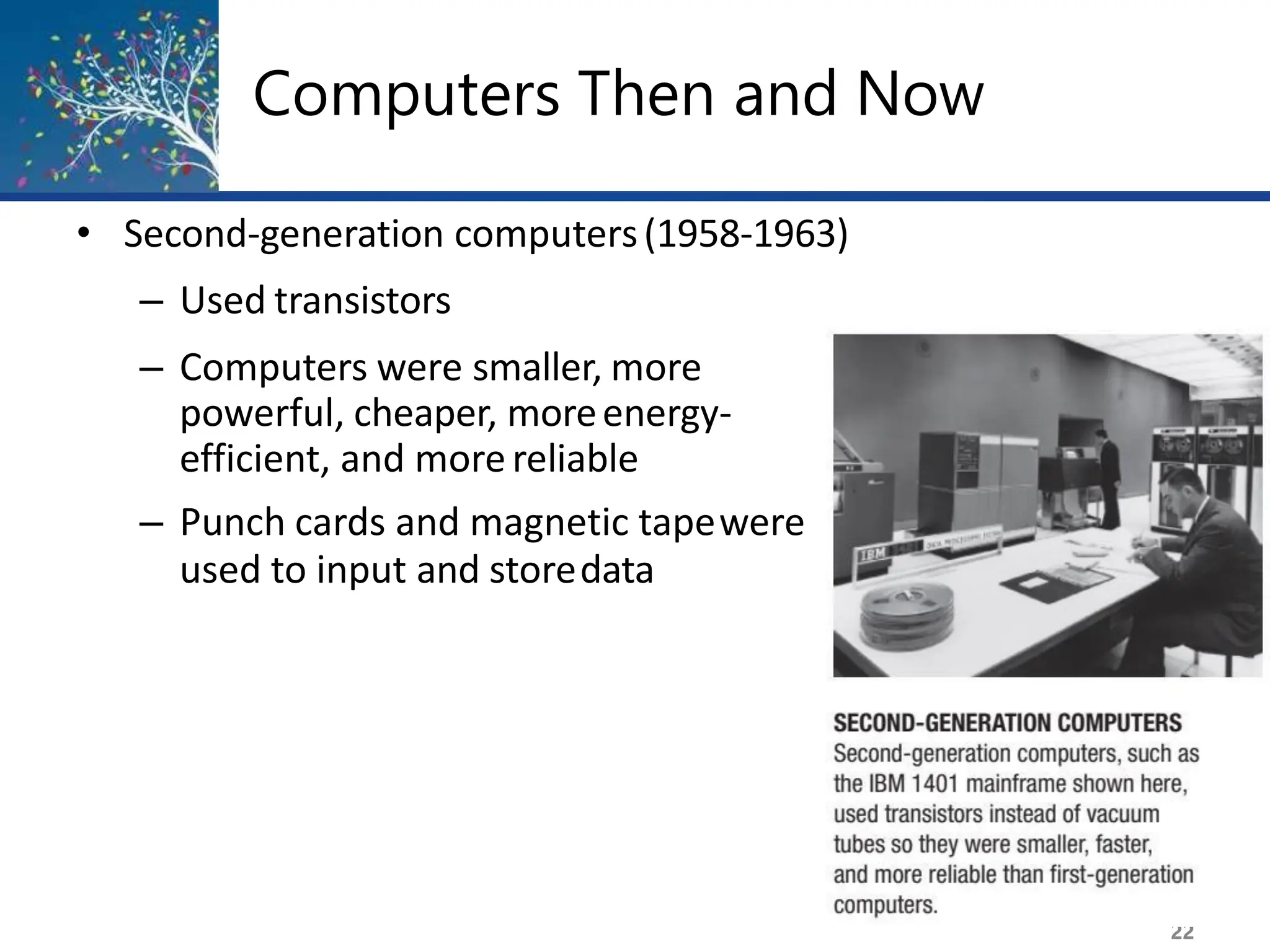 Computers Then and Now
22
• Second-generation computers(1958-1963)
– Used transistors
– Computers were smaller, more
powerful, cheaper, moreenergy-
efficient, and morereliable
– Punch cards and magnetic tapewere
used to input and storedata
 