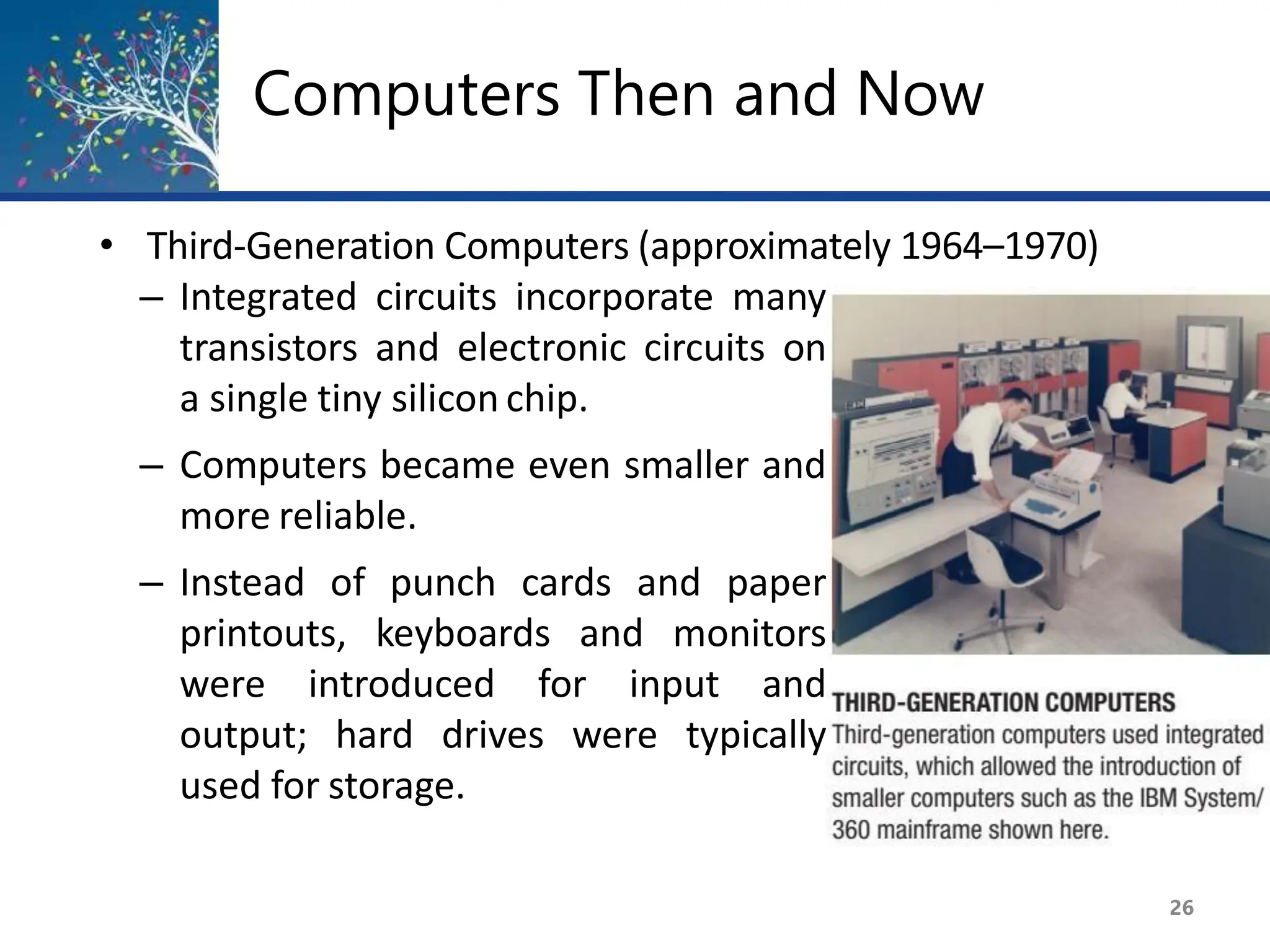 Computers Then and Now
• Third-Generation Computers (approximately 1964–1970)
– Integrated circuits incorporate many
transistors and electronic circuits on
a single tiny silicon chip.
– Computers became even smaller and
more reliable.
– Instead of punch cards and paper
printouts, keyboards and monitors
were introduced for input and
output; hard drives were typically
used for storage.
26
 
