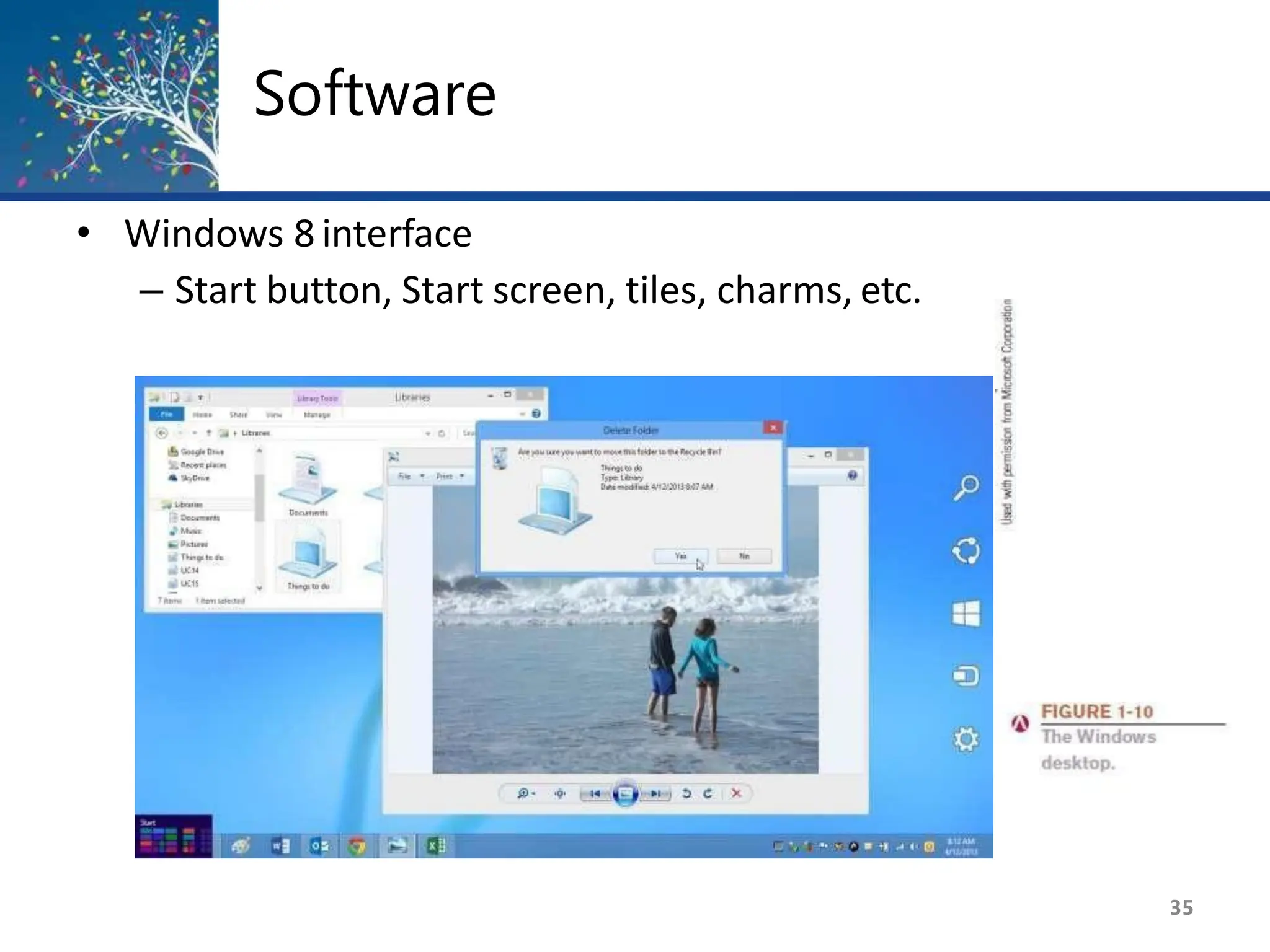 Software
• Windows 8 interface
– Start button, Start screen, tiles, charms, etc.
35
 