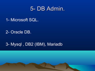 5- DB Admin.5- DB Admin.
1- Microsoft SQL.
2- Oracle DB.
3- Mysql , DB2 (IBM), Mariadb
 