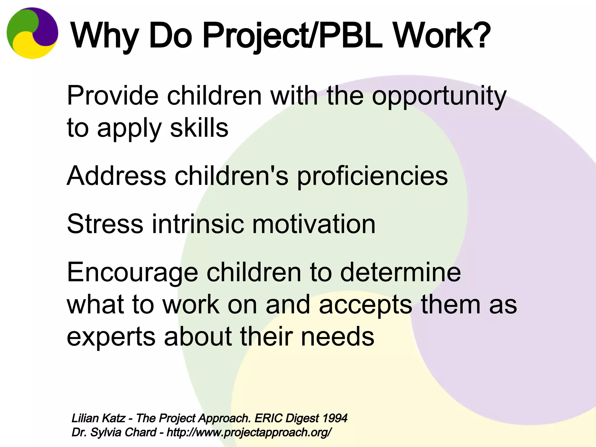 Why Do Project/PBL Work? 
Provide children with the opportunity 
to apply skills 
Address children's proficiencies 
Stress intrinsic motivation 
Encourage children to determine 
what to work on and accepts them as 
experts about their needs 
Lilian Katz - The Project Approach. ERIC Digest 1994 
Dr. Sylvia Chard - http://www.projectapproach.org/ 
 