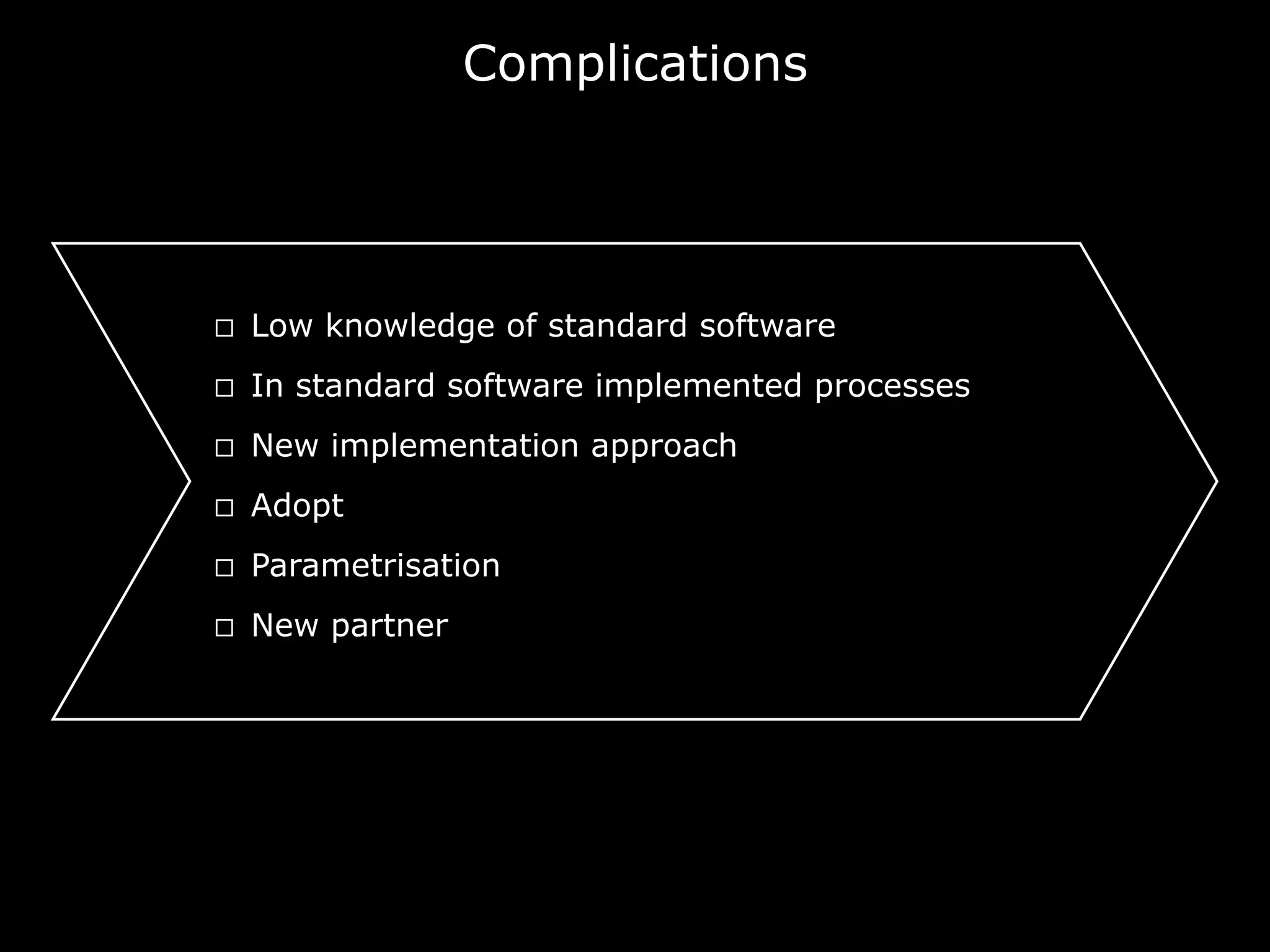 Complications
¨  Low knowledge of standard software
¨  In standard software implemented processes
¨  New implementation approach
¨  Adopt
¨  Parametrisation
¨  New partner
 