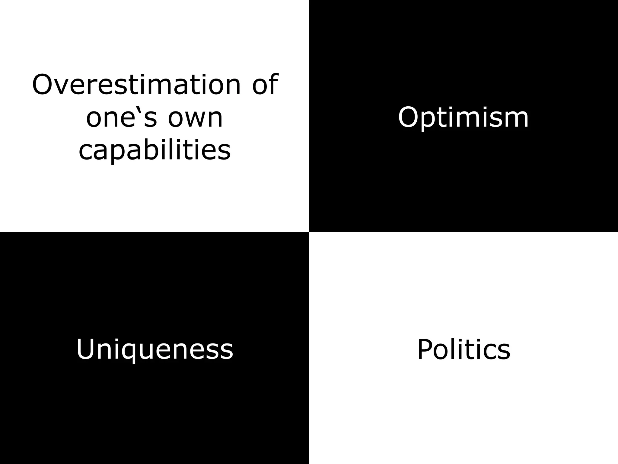 Overestimation of
one‘s own
capabilities	
Politics	Uniqueness
Optimism
 