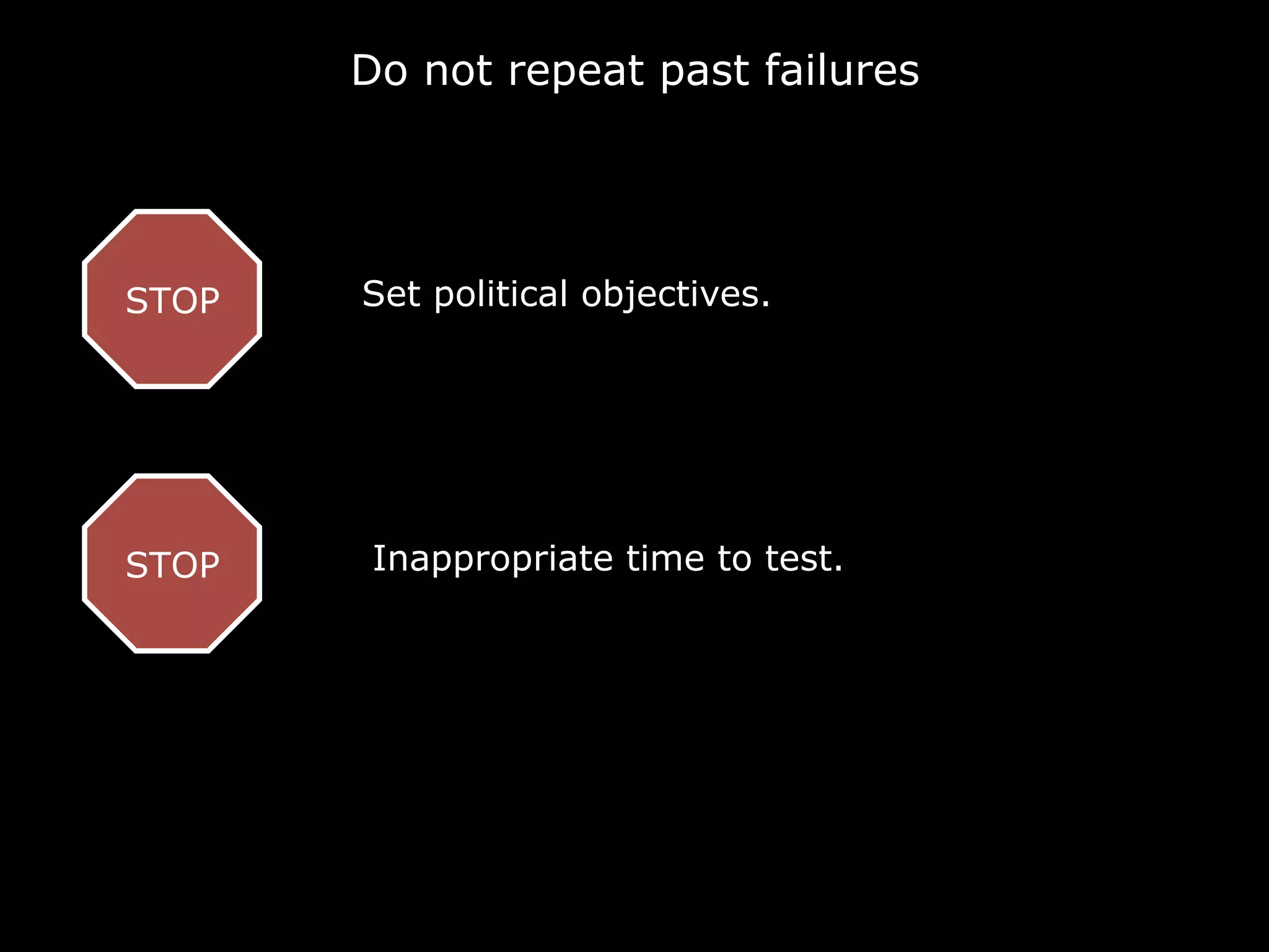 STOP Set political objectives.
STOP Inappropriate time to test.
Do not repeat past failures
 