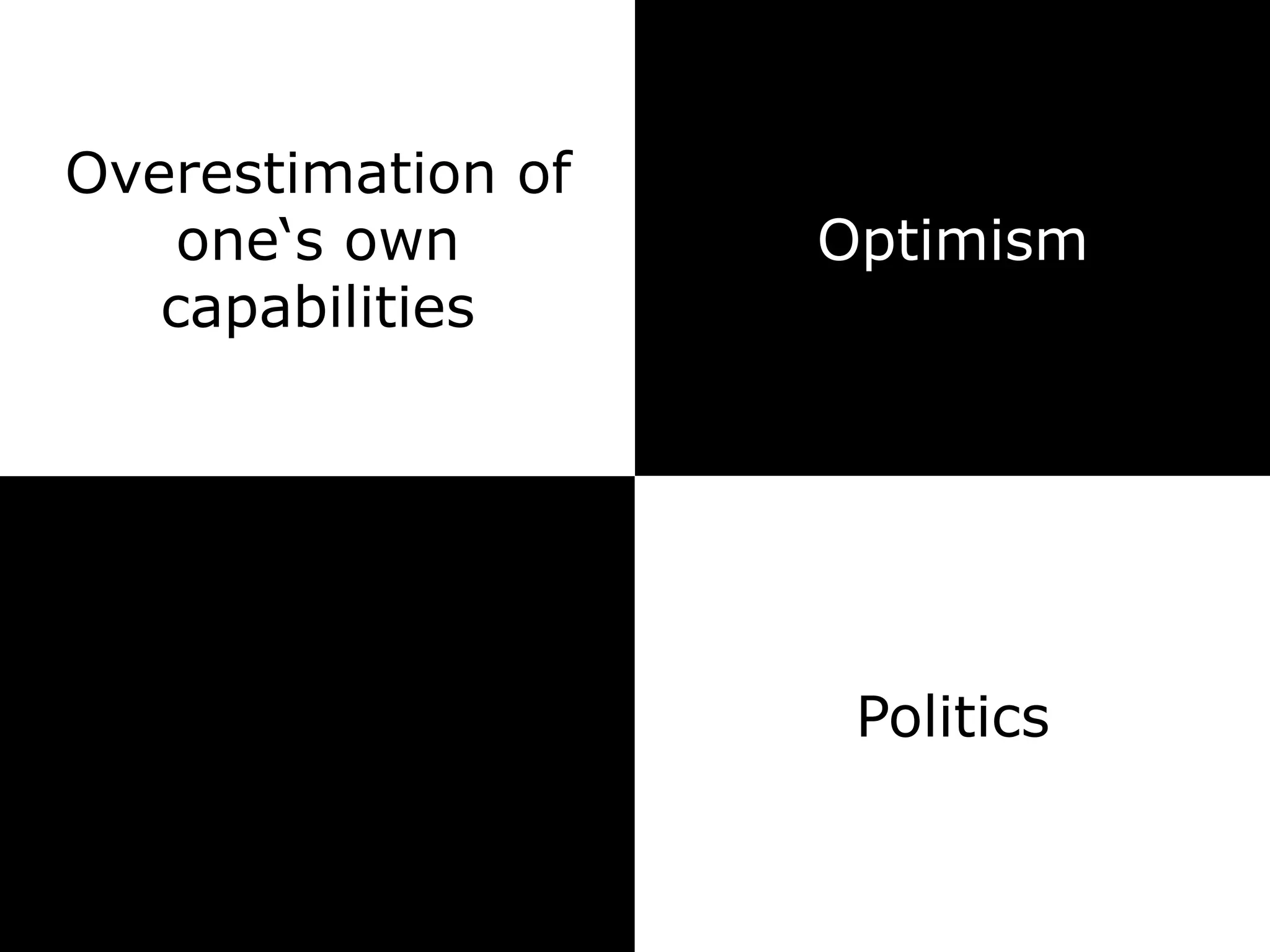 Overestimation of
one‘s own
capabilities	
Politics	
Optimism
 