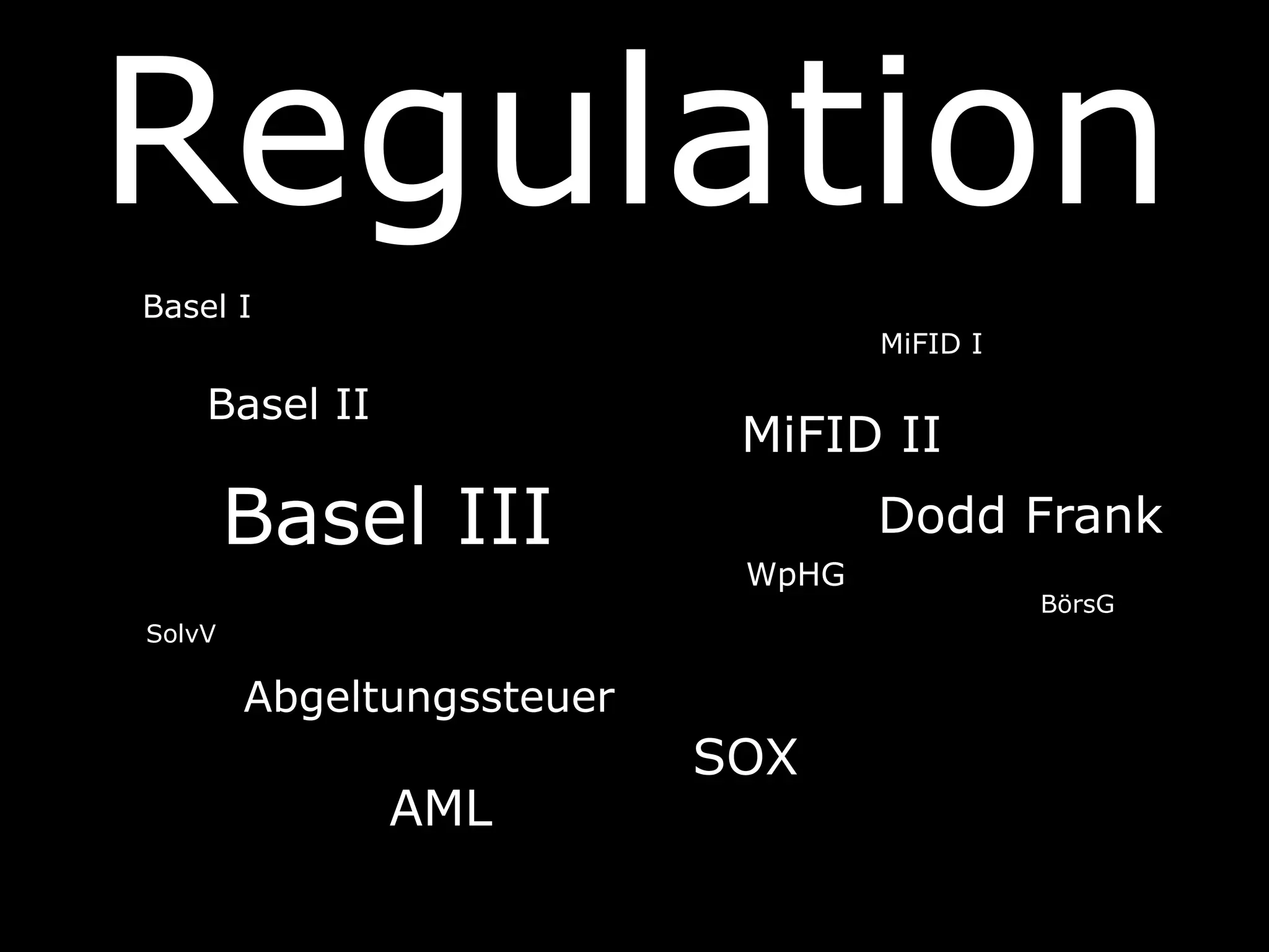 Regulation
Basel II
Basel III
Basel I
MiFID II
WpHG
BörsG
MiFID I
Dodd Frank
SolvV
SOX
AML
Abgeltungssteuer
 