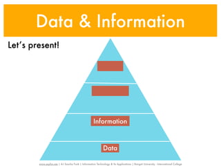 Data & Information
Let’s present!




                                                     Information



                                                             Data

        www.sayfun.me | AJ Sascha Funk | Information Technology & Its Applications | Rangsit University - International College
 