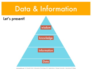 Data & Information
Let’s present!

                                                          wisdom


                                                      knowledge



                                                     Information



                                                             Data

        www.sayfun.me | AJ Sascha Funk | Information Technology & Its Applications | Rangsit University - International College
 