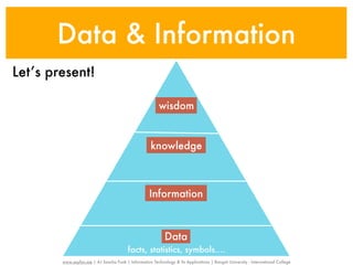 Data & Information
Let’s present!

                                                          wisdom


                                                      knowledge



                                                     Information



                                                             Data
                                          facts, statistics, symbols....
        www.sayfun.me | AJ Sascha Funk | Information Technology & Its Applications | Rangsit University - International College
 