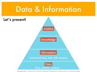 Data & Information
Let’s present!

                                                          wisdom


                                                      knowledge



                                                     Information
                               Interpreted data, data with meaning

                                                             Data
                                          facts, statistics, symbols....
        www.sayfun.me | AJ Sascha Funk | Information Technology & Its Applications | Rangsit University - International College
 