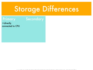 Storage Differences
Primary            Secondary
•directly
connected to CPU
 