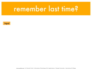 remember last time?
Input




        www.sayfun.me | AJ Sascha Funk | Information Technology & Its Applications | Rangsit University - International College
 