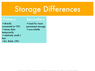 Storage Differences
Primary               Secondary
•directly             •Used for more
connected to CPU      permanent storage
•stores data          •non-volatile
temporarily
•relatively small /
fast
•Ex: RAM, CPU
 