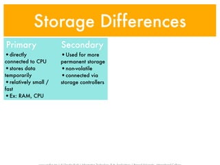 Storage Differences
Primary               Secondary
•directly             •Used for more
connected to CPU      permanent storage
•stores data          •non-volatile
temporarily           •connected via
•relatively small /   storage controllers
fast
•Ex: RAM, CPU
 