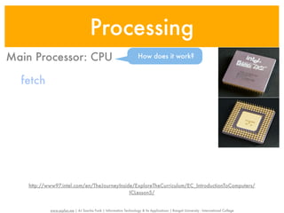 Processing
Main Processor: CPU                                                 How does it work?


  fetch




    http://www97.intel.com/en/TheJourneyInside/ExploreTheCurriculum/EC_IntroductionToComputers/
                                             ICLesson5/


            www.sayfun.me | AJ Sascha Funk | Information Technology & Its Applications | Rangsit University - International College
 