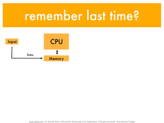 remember last time?
Input                           CPU
        Data
                               Memory




         www.sayfun.me | AJ Sascha Funk | Information Technology & Its Applications | Rangsit University - International College
 