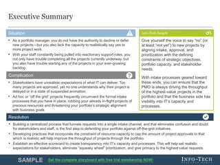 Info-Tech Research Group 3Info-Tech Research Group 3
Executive Summary
• As a portfolio manager, you do not have the authority to decline or defer
new projects—but you also lack the capacity to realistically say yes to
more project work.
• With your staff constantly being pulled into reactionary support roles, you
not only have trouble completing all the projects currently underway, but
you also have trouble starting any of the projects in your ever-growing
backlog.
Give yourself the voice to say “no” (or
at least “not yet”) to new projects by
aligning intake, approval, and
prioritization with the defining
constraints of strategic objectives,
portfolio capacity, and stakeholder
needs.
With intake processes geared toward
these ends, you can ensure that the
PMO is always driving the throughput
of the highest-value projects in the
portfolio and that the business side has
visibility into IT’s capacity and
processes.
• Building a centralized process that funnels requests into a single intake channel, and that eliminates confusion and doubt
for stakeholders and staff, is the first step to defending your portfolio against off-the-grid initiatives.
• Developing practices that incorporate the constraint of resource capacity to cap the amount of project approvals to that
which is realistic will help improve the throughput of projects through the portfolio.
• Establish an effective scorecard to create transparency into IT’s capacity and processes. This will help set realistic
expectations for stakeholders, eliminate “squeaky wheel” prioritization, and give primacy to the highest value requests.
Situation Info-Tech Insight
Complication
Resolution
• Stakeholders have unrealistic expectations of what IT can deliver. Too
many projects are approved, yet no one understands why their project is
delayed or in a state of suspended animation.
• Ad hoc or “off the grid” projects frequently circumvent the formal intake
processes that you have in place, robbing your already in-flight projects of
precious resources and threatening your portfolio’s strategic alignment
with business goals.
 