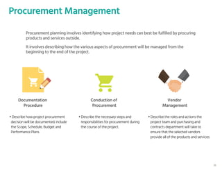 Procurement Management
• Describe how project procurement
decision will be documented. include
the Scope, Schedule, Budget and
Performance Plans.
• Describe the necessary steps and
responsibilities for procurement during
the course of the project.
• Describe the roles and actions the
project team and purchasing and
contracts department will take to
ensure that the selected vendors
provide all of the products and services
Procurement planning involves identifying how project needs can best be fulfilled by procuring
products and services outside.
It involves describing how the various aspects of procurement will be managed from the
beginning to the end of the project.
Documentation
Procedure
Conduction of
Procurement
Vendor
Management
36
 