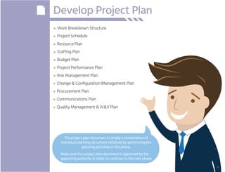 Work Breakdown Structure
Project Schedule
Resource Plan
Staffing Plan
Change & Configuration Management Plan
Procurement Plan
Communications Plan
Quality Management & IV&V Plan
Budget Plan
Project Performance Plan
Risk Management Plan
Develop Project Plan
The project plan document is simply a combination of
individual planning document obtained by performing the
planning activities in this phase.
Make sure the project plan document is approved by the
approving authority in order to continue to the next phase.
41
 