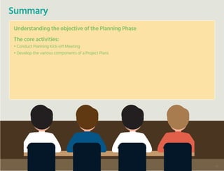 Understanding the objective of the Planning Phase
The core activities:
• Conduct Planning Kick-off Meeting
• Develop the various components of a Project Plans
Summary
42
 