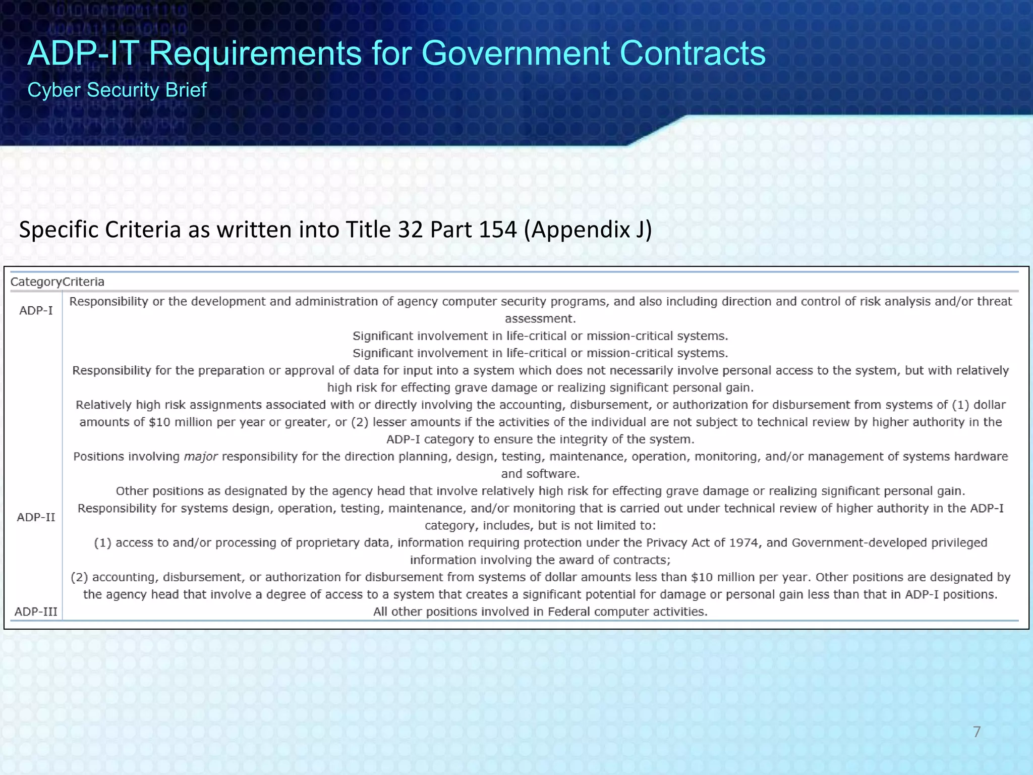 ADP-IT Requirements for Government Contracts
Cyber Security Brief
Specific Criteria as written into Title 32 Part 154 (Appendix J)
7
 