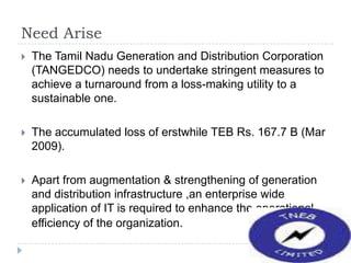 Need Arise
   The Tamil Nadu Generation and Distribution Corporation
    (TANGEDCO) needs to undertake stringent measures...