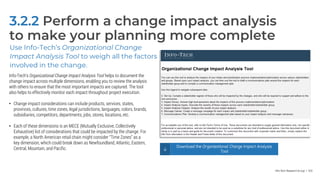 Info-Tech Research Group | 103
3.2.2 Perform a change impact analysis
to make your planning more complete
Download the Organizational Change Impact Analysis
Tool
Use Info-Tech’s Organizational Change
Impact Analysis Tool to weigh all the factors
involved in the change.
Info-Tech’s Organizational Change Impact Analysis Tool helps to document the
change impact across multiple dimensions, enabling you to review the analysis
with others to ensure that the most important impacts are captured. The tool
also helps to effectively monitor each impact throughout project execution.
• Change impact considerations can include products, services, states,
provinces, cultures, time zones, legal jurisdictions, languages, colors, brands,
subsidiaries, competitors, departments, jobs, stores, locations, etc.
• Each of these dimensions is an MECE (Mutually Exclusive, Collectively
Exhaustive) list of considerations that could be impacted by the change. For
example, a North American retail chain might consider “Time Zones” as a
key dimension, which could break down as Newfoundland, Atlantic, Eastern,
Central, Mountain, and Pacific.
 