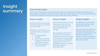 Info-Tech Research Group | 11
Insight
summary
Overarching insight
There is a gap in the perception of the actual role of the PMO in many organizations by different stakeholder groups.
Many people see the PMO police that produce red tape rather than a helpful support system. Those that need to present a
coherent plan to leadership championing the need for a PMO often have an uphill battle.
Phase 1 insight
Determine the PMO’s role and needs
and then determine your staff needs
based on that PMO.
PMO leaders are all too often set up
to fail, left to make successes out of
PMOs that:
a) have poorly defined
mandates;
b) lack the proper resourcing
to support the services the
organization requires; or
c) lack executive leadership,
vision, and backing.
Phase 2 insight
Staff the PMO according to its actual
role and needs. Don’t rush to the
assumption that PMO staff starts
with accomplished project
managers.
Many organizations have PMOs of
one person, and it is simply not a
long-term recipe for success. People
in this situation have a lot of weight
on their shoulders and feel like they
are being set up to fail. It is very
challenging for anyone to run a PMO
alone without support or
administrative help.
Phase 3 insight
The difference in a winning PMO is
determined by a roadmap or plan
created at the beginning.
When you are determining what your
PMO will provide in the future, it is
important to align the ambition of the
PMO with the maturity of the
business. Too often, a lot of effort is
spent trying to convince businesses
of the value of a PMO.
 