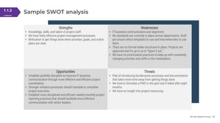 Info-Tech Research Group | 30
Sample SWOT analysis
1.1.2
continued
Strengths
• Knowledge, skills, and talent of project staff.
• We have fairly effective project management processes.
• Motivation to get things done when priorities, goals, and action
plans are clear.
Weaknesses
• IT-business communication and alignment.
• No standards are currently in place across departments. Staff
are unsure which templates to use and how/when/why to use
them.
• There are no formal intake structures in place. Projects are
approved and it’s up to us to “figure it out.”
• We have no prioritization practices to keep up with constantly
changing priorities and shifts in the marketplace.
Opportunities
• Establish portfolio discipline to improve IT-business
communication through more effective and efficient project
coordination.
• Stronger initiation processes should translate to smoother
project execution.
• Establish more disciplined and efficient weekly/monthly project
reporting practices that should facilitate more effective
communication with senior leaders.
Threats
• Risk of introducing burdensome processes and documentation
that takes more time away from getting things done.
• We tried to formalize a PMO in the past and it failed after eight
months.
• We have no insight into project resourcing.
 