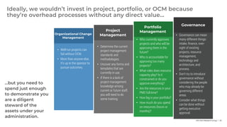 Info-Tech Research Group | 34
AWARENESS
Organizational Change
Management
Project
Management
Portfolio
Management
Governance
To create awareness of
the need for change, you
need everybody who is
affected by it to be aware
of the issues that
triggered the initiative.
That might mean sharing
some uncomfortable
truths, but if people don’t
understand the problem
with the old way of
working.
• Well-run projects can
fail without OCM.
• More than anyone else,
it’s up to the sponsor to
pursue outcomes.
• Determine the current
project management
standards and
methodologies.
• Uncover any forms and
templates that are
currently in use.
• If there is a lack of
project management
knowledge among
current or future staff,
you will need to do
some training.
• Who currently approves
projects and who will be
approving them in the
future?
• Who is accountable for
approving too many
projects?
• What roles does resource
capacity play? Is it
constrained or do you
approve everything?
• Are the resources in your
PMO full-time?
• How big is your portfolio?
• How much do you spend
on resources (hours or
months)?
• Governance can mean
many different things:
intake, finance, over-
sight of existing
projects, resource
management,
technology and
architecture, and
process.
• Don’t try to introduce
governance without
considering the people
who may already be
governing different
areas.
• Consider what things
can be done without
getting executive
approval.
Ideally, we wouldn’t invest in project, portfolio, or OCM because
they’re overhead processes without any direct value…
…but you need to
spend just enough
to demonstrate you
are a diligent
steward of the
assets under your
administration.
 