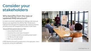 Info-Tech Research Group | 40
Info-Tech Research Group | 40
Info-Tech Research Group | 40
Consider your
stakeholders
Who benefits from the new or
updated PMO structure?
In a matrix environment, understanding the challenges other teams are
facing is a core requirement of an effective PMO. The best way to
understand this is through direct engagement like conducting interviews
and taking surveys with management and members of other teams.
Ask yourself these questions about your PMO:
• Are we doing the right things?
• Do we know the current status of projects?
• Are we managing, escalating, and resolving project issues?
• Do PMs have the right training?
• What is our overall utilization?
A PMO should be structured to provide service to the organization. View it
as a business, serving the stakeholders.
 