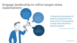 Info-Tech Research Group | 43
?
Will project managers
be included in the PMO?
Which projects and
programs will be in the
PMO’s mandate?
?
Will the PMO have
decision-making
authority? If so, how
much and on what
issues?
?
Where in the
organizational structure
will the PMO report?
Engage leadership to refine target-state
expectations
“Changing the perception of
project management from
‘busy work’ to ‘valued efforts’
is easier when the PMO is
properly aligned.”
– Project Management Institute, October2009
 