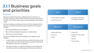 Info-Tech Research Group | 82
3.1.1 Business goals
and priorities
When you are determining what your PMO will provide in the future, it is
important to align the ambition of the PMO with the maturity of the business.
Too often, a lot of effort is spent trying to convince businesses of the value of
a PMO.
Before you develop your roadmap, try to seek out the key strategies that the
business is currently driving to get the proper ownership for the proposed
initiatives.
• What does leadership want to accomplish?
• What are the key strategies the business is currently driving?
• What are the current pain points?
Once you’ve established the business strategies, start mapping out your
initiatives:
• For each initiative, consider the activities you think will work best to take
you from your current to future state. It’s okay to keep this high level, we
will break them down later in the blueprint.
• Don’t place activities on a roadmap with dates yet. Use the table on the
next slide to record the activities against each initiative at a high level.
30 minutes
Input Output
• Business strategies and goals
• Current PMO org. chart
• An initial short, medium, long-
term roadmap of initiatives
Materials Participants
• Whiteboard/flip charts
• Sticky notes
• Slide 83
• IT leaders/CIO
• PMO director and/or portfolio
manager
• PMO staff
• Project managers
 