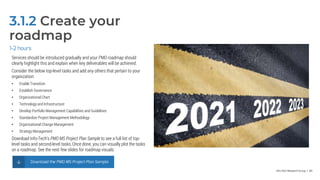 Info-Tech Research Group | 84
3.1.2 Create your
roadmap
Services should be introduced gradually and your PMO roadmap should
clearly highlight this and explain when key deliverables will be achieved.
Consider the below top-level tasks and add any others that pertain to your
organization:
• Enable Transition
• Establish Governance
• Organizational Chart
• Technology and Infrastructure
• Develop Portfolio Management Capabilities and Guidelines
• Standardize Project Management Methodology
• Organizational Change Management
• Strategy Management
Download Info-Tech’s PMO MS Project Plan Sample to see a full list of top-
level tasks and second-level tasks. Once done, you can visually plot the tasks
on a roadmap. See the next few slides for roadmap visuals.
1-2 hours
Download the PMO MS Project Plan Sample
 