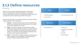 Info-Tech Research Group | 89
3.1.3 Define resources
Resources for your projects include staff, equipment, and materials.
Resource management at the PMO level will help you manage those
resources, get visibility into projects, and keep them moving forward. Be sure
to consider the resources that will get your PMO off the ground.
Determine the resources you currently have and the resources your PMO will
need and add them to your strategic plan:
1. Finances — It’s essential that you know, and are transparent about,
the real cost of creating your PMO and new process. Don’t forget to
consider post deployment costs as well.
2. People — Every project depends on the skill sets that individual
team members bring to the table. Strategize according to these skill
sets and their availability for the duration of a project. Some team
members may have other work responsibilities and limited time for
the project, so you need to accommodate this.
3. Assets — These include the tangible resources you may have to buy,
lease, or arrange for, such as workspace, software and licenses,
computer hardware, testing equipment, and so on.
30 minutes
Input Output
• Project documentation
• Current resources
• List of resources for your PMO
Materials Participants
• Whiteboard/flip charts • IT leaders/CIO
• PMO director and/or portfolio
manager
• PMO staff
• Project managers
 