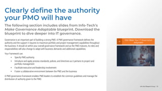 Info-Tech Research Group | 91
Info-Tech Research Group | 91
Info-Tech Research Group | 91
Clearly define the authority
your PMO will have
The following section includes slides from Info-Tech’s
Make Governance Adaptable blueprint. Download the
blueprint to dive deeper into IT governance.
Governance is an important part of building a strong PMO. A PMO governance framework defines the
authority and the support it requires to maximize portfolio and project management capabilities throughout
the business. It should sit within your overall governance framework and as the PMO matures, its roles and
responsibilities will also change to adapt with business demands and additional capabilities.
Your framework can:
• Specify PMO authority
• Introduce and apply process standards, polices, and directives as it pertains to project and
portfolio management
• Facilitate executive and leadership involvement
• Foster a collaborative environment between the PMO and the business
A PMO governance framework enables PMO leaders to establish the common guidelines and manage the
distribution of authority given to the PMO.
Visit Make Your IT Governance
Adaptable
 
