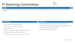Info-Tech Research Group | 95
IT Steering Committee
Committee Metrics
• Align IT initiatives with organizational goals
• Evaluate, approve, and prioritize IT initiatives
• Approve IT strategy
• Reinforce (if provided) or establish risk appetite and threshold
• Confirm value achievement of approved initiatives
• Set target investment mix and optimize IT resource utilization
• % of approved IT initiatives that meet or exceed value expectation
• % of IT initiatives with direct alignment to organizational strategic direction
• Level of satisfaction with IT decision making
• % of initiatives approved by exception
Ensure business value is achieved through information and technology (IT) investments by aligning strategic objectives and client needs with IT initiatives and their
outcomes.
Chair:
Updated:
Mandate
Committee Goals
 