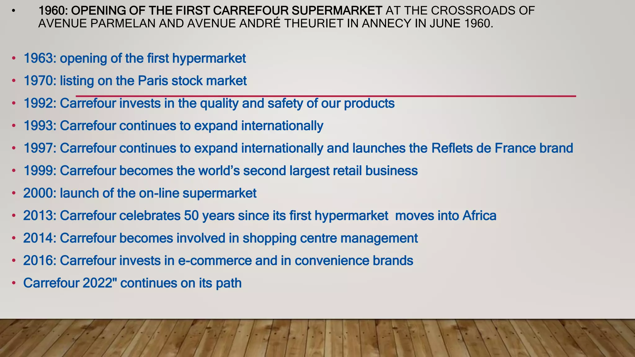 • 1960: OPENING OF THE FIRST CARREFOUR SUPERMARKET AT THE CROSSROADS OF
AVENUE PARMELAN AND AVENUE ANDRÉ THEURIET IN ANNECY IN JUNE 1960.
• 1963: opening of the first hypermarket
• 1970: listing on the Paris stock market
• 1992: Carrefour invests in the quality and safety of our products
• 1993: Carrefour continues to expand internationally
• 1997: Carrefour continues to expand internationally and launches the Reflets de France brand
• 1999: Carrefour becomes the world’s second largest retail business
• 2000: launch of the on-line supermarket
• 2013: Carrefour celebrates 50 years since its first hypermarket moves into Africa
• 2014: Carrefour becomes involved in shopping centre management
• 2016: Carrefour invests in e-commerce and in convenience brands
• Carrefour 2022" continues on its path
 