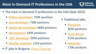 8
 The most in-demand IT professions in the USA (Sept 2022)
 Python developer: 750K positions
 Java developer: 730K pos...