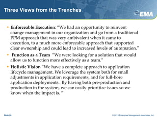 Three Views from the Trenches
• Enforceable Execution: “We had an opportunity to reinvent
change management in our organiz...