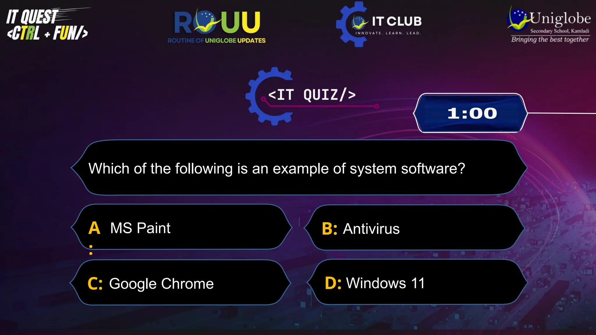 Which of the following is an example of system software?
A
:
MS Paint
D: Windows 11
B: Antivirus
C: Google Chrome
 