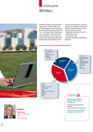 Handlungsfeld

                               Wireless


                               Der	Markt	für	Wireless-Anwendungen,	                        In	Berlin	und	Brandenburg	wurden	im	
                               insbesondere	im	Bereich	RFID-	und	                          Ergebnis	einer	2008	von	der	TSB	durch-
                               NFC-Technologien,	hat	sich	in	den	letz-                     geführten	Potenzialanalyse	94	Unter-
                               ten	Jahren	in	Europa,	Deutschland	und	                      nehmen	identifiziert,	die	als	
                               auch	in	der	Region	Berlin-Brandenburg	                      –		 ntwickler	und	Produzenten	(54)
                                                                                             E
                               weiter	entwickelt.		Übereinstimmend	                        –		 oftwarehäuser	(55)
                                                                                             S
                               weisen	alle	Berichte	und	Analysen	von	                      –		 ystemhäuser	(40)
                                                                                             S
                               renommierten	Wirtschaftsinstitutionen	                      im	Bereich	der	Wireless-Technologien	
                               deutliche	Wachstumstendenzen	nach.	                         tätig	sind.	



                               Unternehmensstruktur der berliner Wireless-landschaft


                                              Systemhäuser*:
                                              -		 SCI	Systemhaus
                                                A
                                              -		 armeq
                                                C
                                              -		 FAD	Systemhaus
                                                G
                                              -		 anotron	
                                                N                                                                        Produzenten*:
                                                Technologies                                                             -		 etemed	Medizin-	
                                                                                                                           g
                                                                                                                           und	Informations-
                                                                                                                           technik
                                                                                  Systemhäuser
                                                                                  27	%	(40)                              -		ABG	Industrieanla-
                                                                                                                           I
                                                                                                                           gen-Betriebsgesell-
                                                                                                                           schaft	mbH
                                                                                                                         -		 catterWeb
                                                                                                                           S
                                                                                                                         -		 all
                                                                                                                           W
                                                                                                                         -		 IOTRONIK
                                                                                                                           B
                                                                                                  produzenten
                                                                                                  36	%	(54)
                                                                            Software
                                                                            37	%	(55)




                                   Software*:                                                                        Quelle:	TSB	Innovationsagentur	Berlin

                                   -		 oftais
                                     s
                                   -		 ardenheuer	Software
                                     B
                                   -		 hax	Software
                                     T
                                   -		 risma
                                     p
                                   -		 r.	Riedel	Automatisierungs-
                                     D
                                     technik
                                   -		Q	Wireless
                                     I
                                   -		 ldat
                                     E                                                           NETZWERKE

                                *	jeweils	ausgewählte	Beispielunternehmen                        Informationsforum	RFID	e.	V.
                                                                                                 www.info-rfid.de/content/
                                                                                                 index_ger.html
                                                                                                 Informationszentrum	Mobilfunk	
                                                                                                 (IZMF	e.V.)
                                                                                                 www.izmf.de/html/de/index.html
     KonTAKT:
                                                                                                 „Wireless	Transfer	Center“	(WTCB)
     Dr. peter Apel                                                                              www.wireless-city-berlin.de
     TSB	Innovationsagentur	
     Berlin

     apel@tsb-berlin.de




16
 
