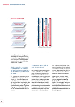 Handlungsfeld	Kommunikationsnetze	und	-dienste




                    open Access betreibermodell




                                                                           ISP




                                                                                                                                     ISP
                                                                                                            Netzbetreiber/ISP
                          DIENSTEANBIETER	(ISP‘s)




                                                                                                                                                                           Vertikale	Integration/Integrierter	Netzanbieter
                             Internet-Dienste




                                                                           Netzbetreiber




                                                                                                                                     Integrierter	Netzbetreiber	ohne	ISP
                            TK-NETZBETREIBER
                               Aktives	Netz




                                                                                                            Infrastrukturbetreiber
                                                                           Infrastrukturbetreiber
                          INFRASTRUKTURBETREIBER	
                                    (IGS)
                                Passives	Netz




                             IGS,	KOMMUNEN,	
                             VERSORGER,		etc.
                           Leerrohrinfrastruktur


                                                                                                    horizontale	vs.	vertikale	Integration



                                                                                                      Quelle:	ITCcon	Unternehmensberatung



                    ren	zur	Stimmulierung	einer	gemein-
                    samen	Nutzung	transparent	gemacht	
                    werden.	Gleiches	gilt	für	geplante	Tief-
                    baumaßnahmen,		um	eventuelle	Mit-
                    baugelegenheiten	für	neue	Glasfaser-
                    verbindungen	zu	nutzen.

                                                                AUFBAU	UND	BETRIEB	VON	WLAN-	                                                                                                                                eine	wichtige	und	zusätzliche	porta-
                    BEGLEITUNG	DER	EINFÜHRUNG	DER	              MESH-NETZEN	IN	BERLIN                                                                                                                                        ble	Kommunikationsinfrastruktur.	Die	
                    NÄCHSTEN	MOBILFUNK-TECHNOLO-                                                                                                                                                                             vorgestellten	Konzepte	verschiedener	
                    GIE-GENERATION	LONG	TERM	EVOLUTI-           Der	Einsatz	von	Laptops	und	weiteren	                                                                                                                        Anbieter	bzw.	Interessenten	beziehen	
                    ON	(LTE)	ALS	NACHFOLGETECHNOLO-             mobilen	Endgeräten	wie	etwa	PDAs,	                                                                                                                           sich	auf	den	Aufbau	eines	Wireless	
                    GIE	ZU	UMTS                                 MP3-Player	und	Smartphones	in	Ver-                                                                                                                           Local	Area	Networks	(WLAN)-Mesh.	
                                                                bindung	mit	einem	flexiblen	mobilen	
                    LTE		ist	in	der	Lage,	Datenraten	von	bis	   Breitbandzugriff	im	Berliner	Stadtraum	                                                                                                                      Dabei	versteht	man	unter	einem	
                    zu	100	Mbit/s	zu	empfangen	(Down-           gewinnt	immer	stärker	an	Bedeutung.	                                                                                                                         WLAN-	Mesh	ein	drahtloses	System,	
                    stream)	und	im	Sendebetrieb	von	bis	        Unterschiedliche	Anwendungen	wie	                                                                                                                            bei	dem	die	Zugangspunkte	bzw.	
                    zu	50	Mbit/s	zu	erreichen	(Upstream).	      Internetzugriff,	Navigation,	Locations-	                                                                                                                     Sender/Empfänger	untereinander	
                    Die	Einführung	von	LTE	soll	ab	dem	Jahr	    Based-	Services,	vernetztes	Arbeiten,	                                                                                                                       vernetzt	sind	und	so	eine	flächenhaf-
                    2010	erfolgen.	Zur	Gestaltung	des	Ein-      mobile	Nutzung	von	Web	2.0	und	Com-                                                                                                                          te	Versorgung	ermöglichen.	Im	Wege	
                    führungsprozesses	und	der	Rahmenbe-         munity-Angeboten	sind	dabei	gefragte	                                                                                                                        eines	offenen,	transparenten,	diskrimi-
                    dingungen	wird	frühzeitig	der	Dialog	       Einsatzgebiete.		Ein	solches	Netz	bietet	                                                                                                                    nierungsfreien	und	wettbewerbsori-
                    mit	den	Mobilfunkbetreibern	gesucht	        Berlinern,	Touristen,	aber	auch	Unter-                                                                                                                       entierten	Vergabeverfahrens	wird	ein	
                    werden.                                     nehmen	sowie	freiberuflich	Tätigen	                                                                                                                          Betreiber	gesucht.




6
 