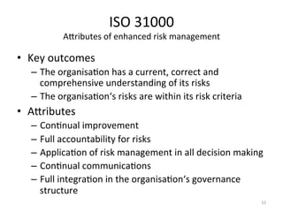 ISO	
  31000	
  
Acributes	
  of	
  enhanced	
  risk	
  management	
  
•  Key	
  outcomes	
  
–  The	
  organisaEon	
  has	
  a	
  current,	
  correct	
  and	
  
comprehensive	
  understanding	
  of	
  its	
  risks	
  
–  The	
  organisaEon‘s	
  risks	
  are	
  within	
  its	
  risk	
  criteria	
  
•  Acributes	
  
–  ConEnual	
  improvement	
  
–  Full	
  accountability	
  for	
  risks	
  
–  ApplicaEon	
  of	
  risk	
  management	
  in	
  all	
  decision	
  making	
  
–  ConEnual	
  communicaEons	
  
–  Full	
  integraEon	
  in	
  the	
  organisaEon‘s	
  governance	
  
structure	
  
12	
  
 