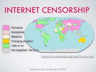 Framework Days. IT Saturday. 5.09.2015
INTERNET CENSORSHIP
children
religion
sexual
https://en.wikipedia.org/wiki/Censorship
 
