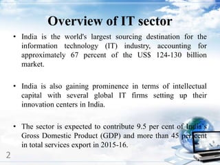 Overview of IT sector
• India is the world's largest sourcing destination for the
information technology (IT) industry, accounting for
approximately 67 percent of the US$ 124-130 billion
market.
• India is also gaining prominence in terms of intellectual
capital with several global IT firms setting up their
innovation centers in India.
• The sector is expected to contribute 9.5 per cent of India’s
Gross Domestic Product (GDP) and more than 45 per cent
in total services export in 2015-16.
2 2
 