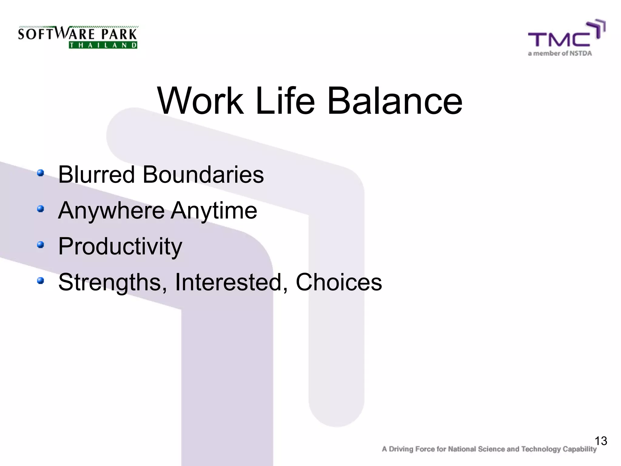 Work Life Balance
Blurred Boundaries
Anywhere Anytime
Productivity
Strengths, Interested, Choices




                                 13
 