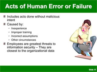 Slide 17
Acts of Human Error or Failure
Includes acts done without malicious
intent
Caused by:
Inexperience
Improper training
Incorrect assumptions
Other circumstances
Employees are greatest threats to
information security – They are
closest to the organizational data
 