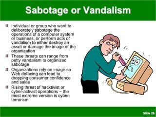 Slide 26
Sabotage or Vandalism
Individual or group who want to
deliberately sabotage the
operations of a computer system
or business, or perform acts of
vandalism to either destroy an
asset or damage the image of the
organization
These threats can range from
petty vandalism to organized
sabotage
Organizations rely on image so
Web defacing can lead to
dropping consumer confidence
and sales
Rising threat of hacktivist or
cyber-activist operations – the
most extreme version is cyber-
terrorism
 