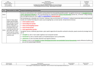 Firma
servicEvolution
Themenbereich
Leitkonzept der Servicialisierung
Druckdatum
18.09.2022
Bearbeiter, Telefon-Nr.
Paul G. Huppertz
+49-1520-9 84 59 62
Thema/Gegenstand
Grundlagen & Grundbegriffe, Modelle & Methoden der Service-Erbringung
IT-Servicekatalog versus Service-Katalog – Abgrenzungen & Unterschiede
Ablage
Servicialisierung
Diskussionspapiere
Dokumentautor
Paul G. Huppertz
Dokumentname
IT-Servicekatalog versus Service-Katalog V01.04.00
Dokumentdatum
18.09.2022
Dokumentseite
40 von 61
Paul G. Huppertz ▪ Schöne Aussicht 41 ▪ 65396 Walluf ▪ +49-61 23-74 04 16 ▪ Paul.G.Huppertz@servicEvolution.com
Nr. Zitat aus dem o.a. Artikel Analyse & Aufarbeitung, Kritik & Korrektur
04.33
Nicht im Fokus dieser
Arbeit steht die (eben-
falls wichtige und kom-
plexe) Fragen, wie IT-
Services inhaltlich und
hinsichtlich ihrer Gra-
nularität gestaltet wer-
den sollen, was in der
Praxis auch als „Schnei-
den von IT-Services“ be-
zeichnet wird.
Services als solche können nicht „inhaltlich und hinsichtlich ihrer Granularität gestaltet werden“, da jeglicher Service per se intangibel & imma-
teriell, substanzlos & flüchtig ist. Die unausweichlichen & unabänderlichen Service-Charakteristika werden bei „IT-Services“ völlig verdrängt
bzw. durchgehend ignoriert, denn „die IT“ ist systemfixiert & service-Ignorant.
04.34
Die Vorstellung vom „Schneiden von IT-Services“ offenbart, dass es sich de facto um IT-Systeme (= software-basierende elektronische Systeme)
handelt, die installiert & konfiguriert sowie zusammengefügt bzw. vernetzt werden. Derweil können Services
• nicht installiert werden
• nicht konfiguriert werden
• nicht zusammengefügt werden
• nicht vernetzt werden
• nicht zugeschnitten werden,
da jeglicher Service, treffender geschrieben: jeder explizit abgerufene & daraufhin verlässlich erbrachte, jeweils einzelne & einmalige Service
per se
• intangibel ist, denn er kann weder angefasst noch manipuliert werden
• immateriell ist, denn er besteht weder aus Produktexemplaren noch aus Rohstoffen
• substanzlos ist, denn hat weder physische noch logische Substanz
• flüchtig ist, denn er wird simultan zu seiner Erbringung konsumiert vom abrufenden Service-Konsumenten zwecks effizienter Ausführung
der von ihm beabsichtigten Aktivität
 